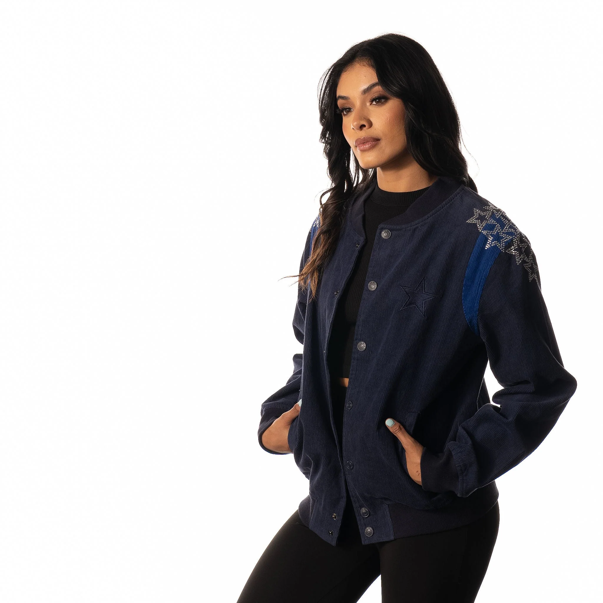 Dallas Cowboys Women Cord Star Sleeve Bomber - Blue - Image 2