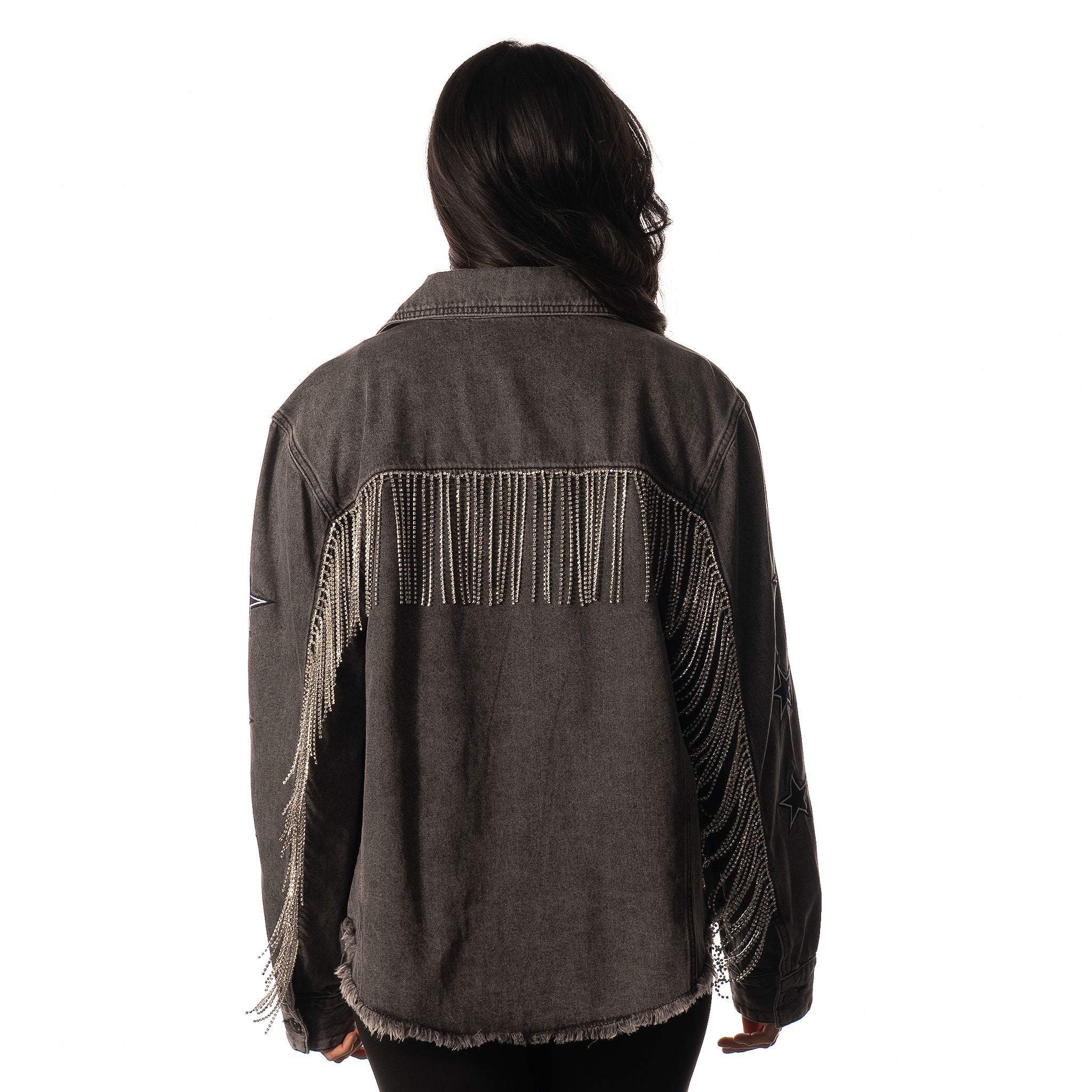 Dallas Cowboys Womens Black Denim Fringe Jacket - Black - Image 3