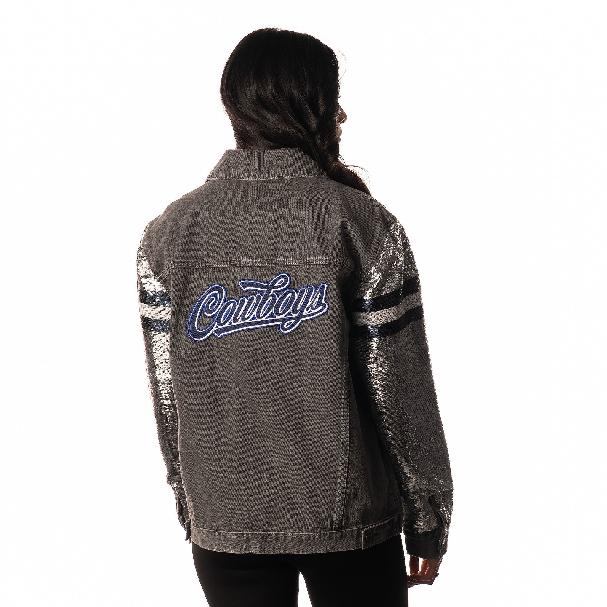 Dallas Cowboys Womens Sequin Sleeve Denim Jacket - Grey - Image 5