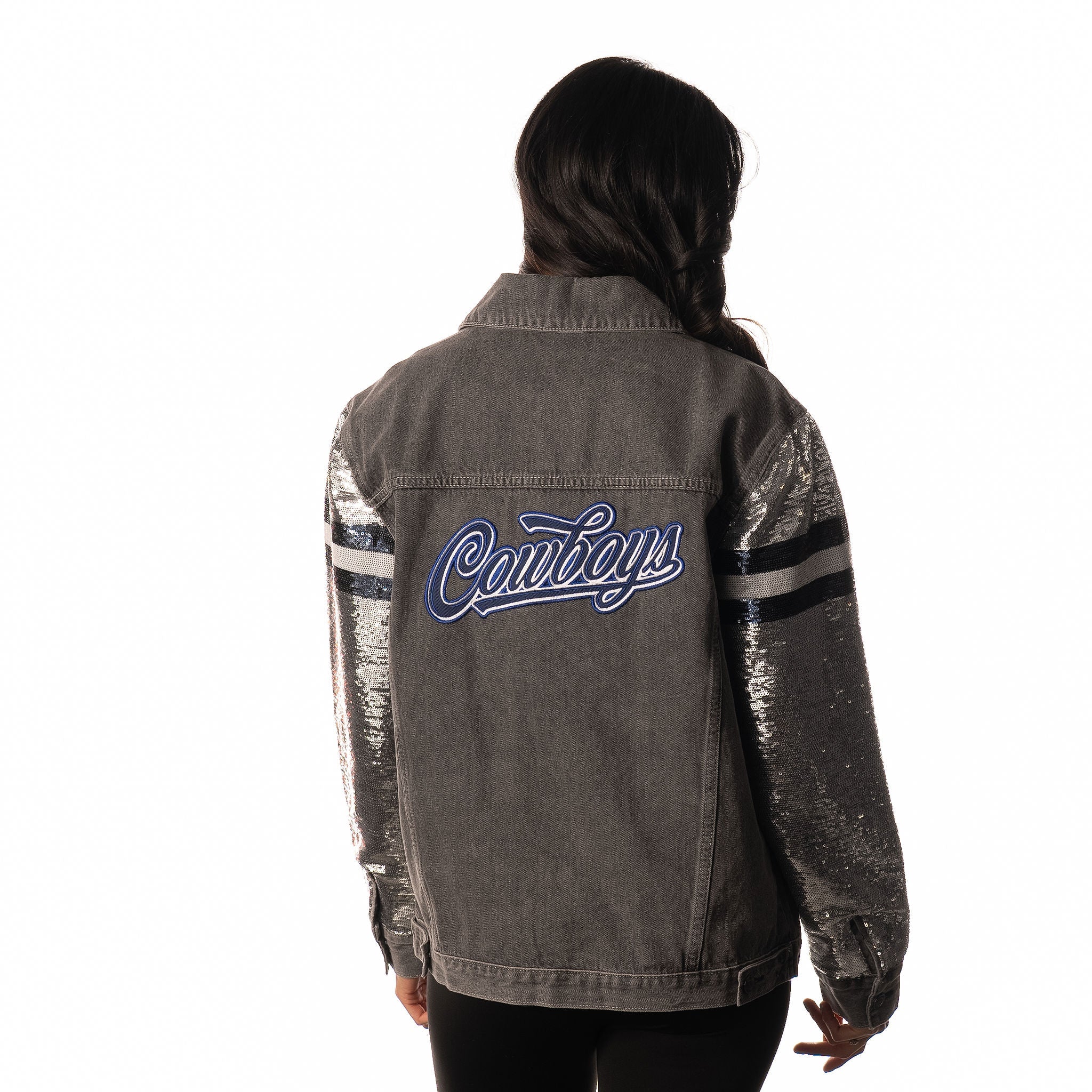 Dallas Cowboys Womens Sequin Sleeve Denim Jacket - Grey - Image 6