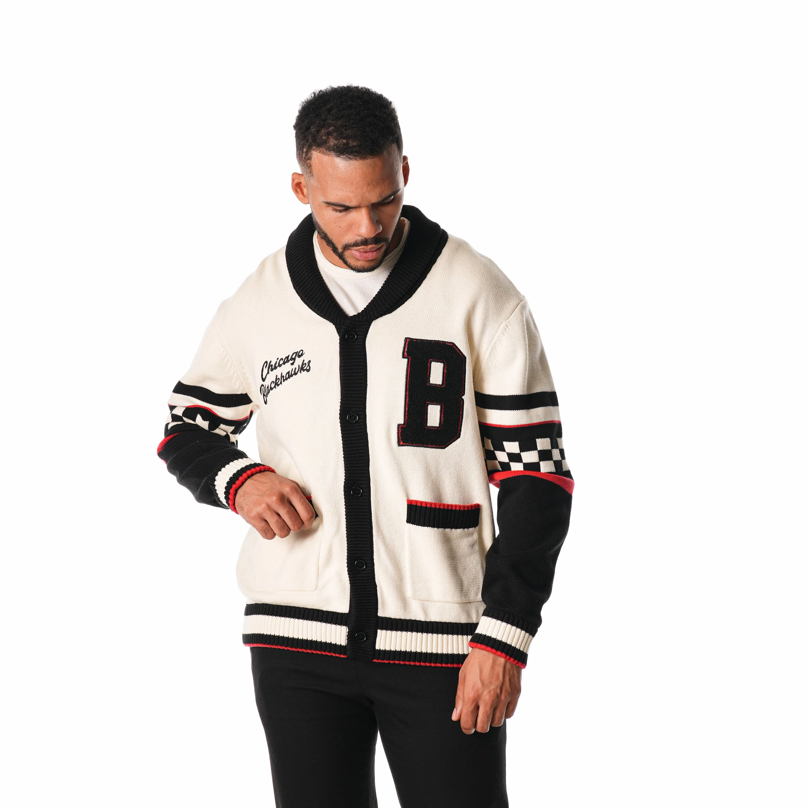 Chicago Blackhawks Jacquard Button Up Sweater - Cream - Image 3