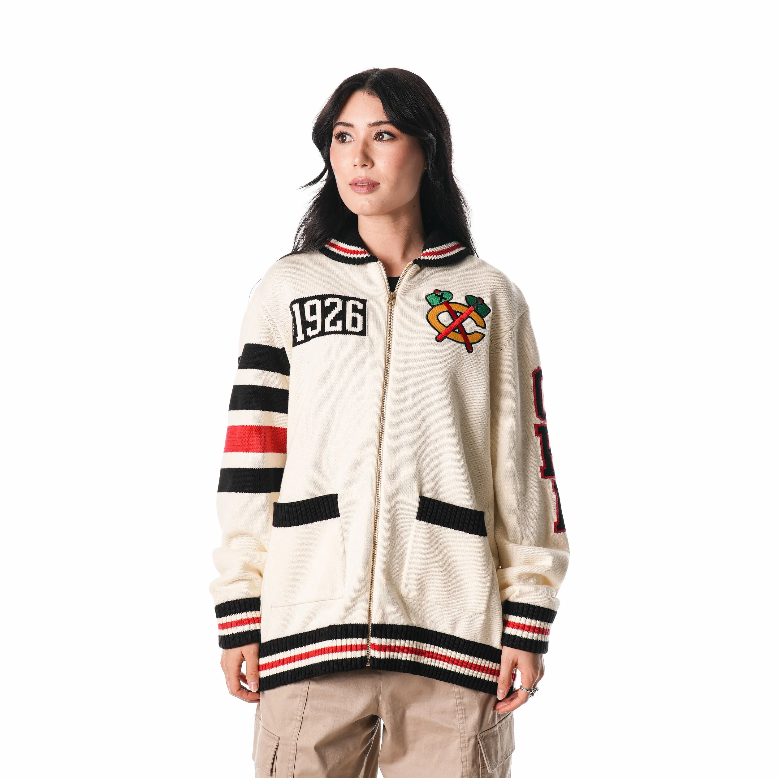 Chicago Blackhawks Jacquard Button Up Sweater - Cream - Image 5
