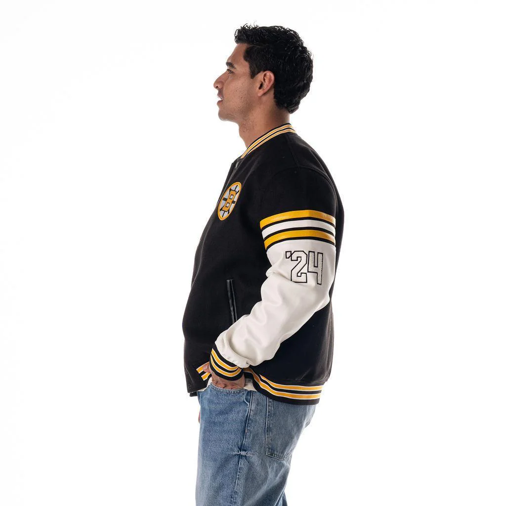 Boston Bruins Unisex Drop Shoulder Varsity Jacket - Black - Image 3